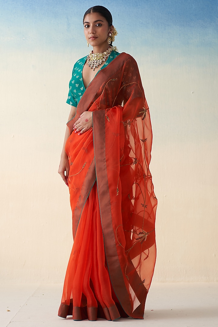 Rust Organza Silk Jaal Embroidered Wedding Saree by JANKI INDIA at Pernia's Pop Up Shop