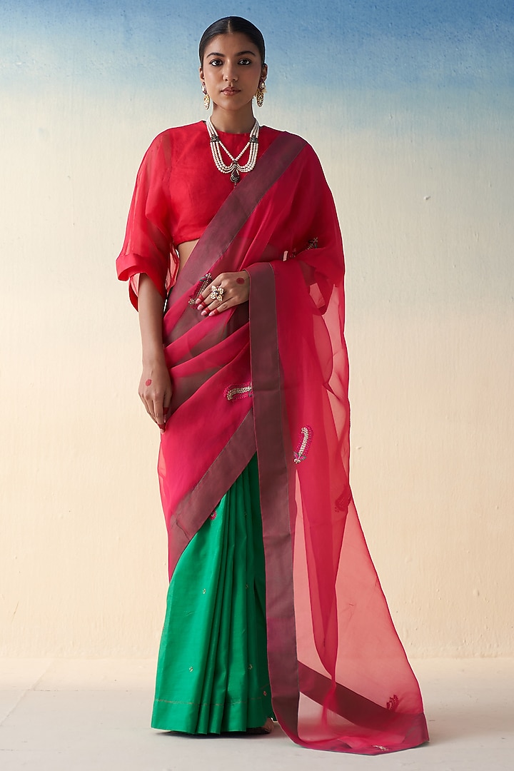 Red & Green Silk Jaal Embroidered Saree by JANKI INDIA at Pernia's Pop Up Shop