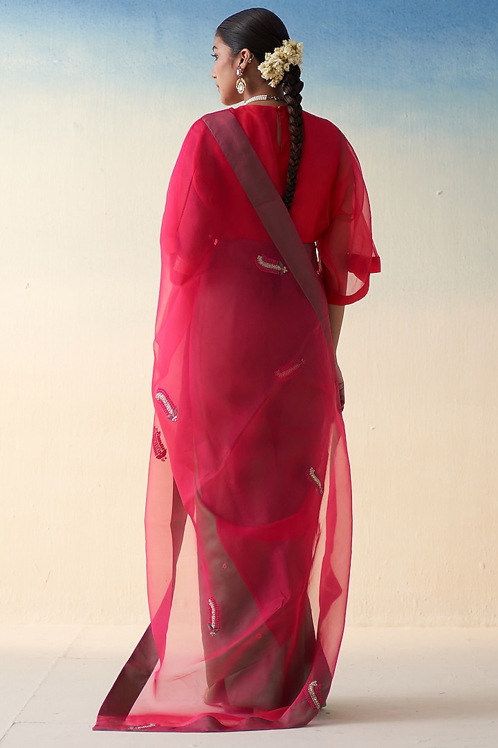 Fuschia & Green Silk Embroidered Wedding Saree by JANKI INDIA at Pernia's Pop Up Shop