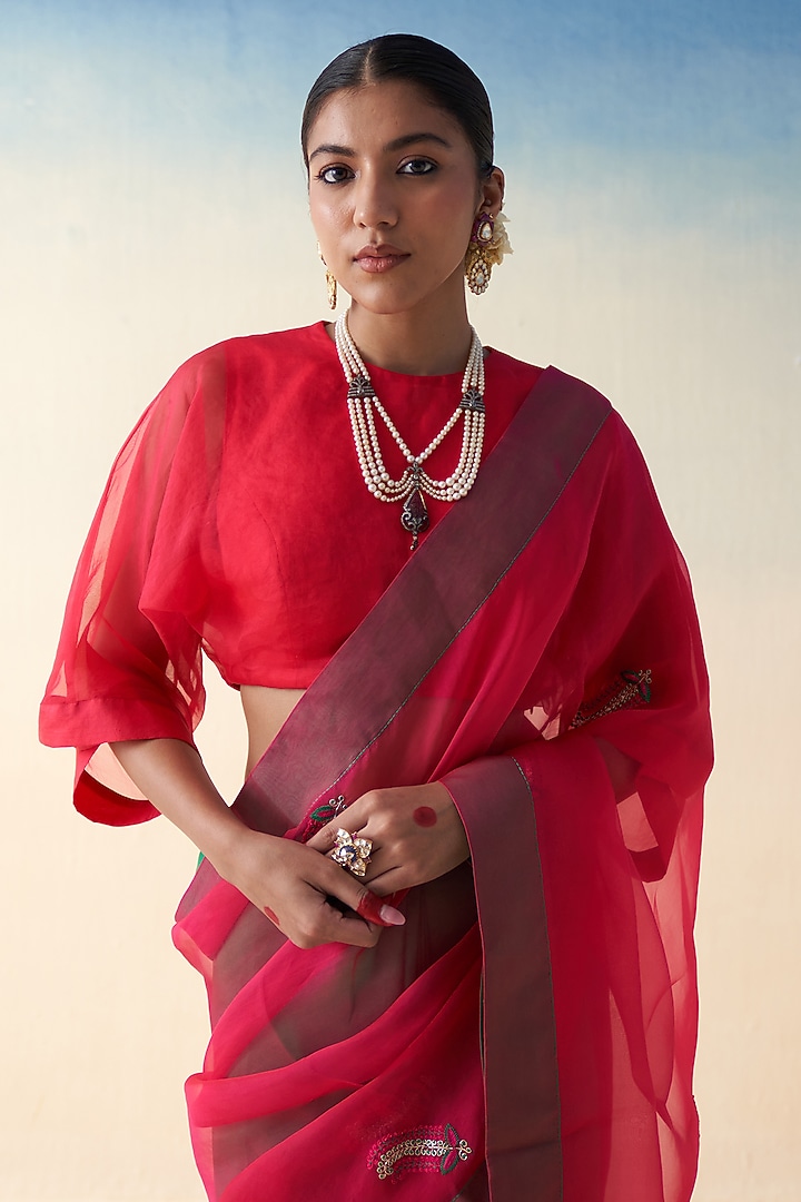 Fuschia & Green Silk Embroidered Wedding Saree by JANKI INDIA at Pernia's Pop Up Shop