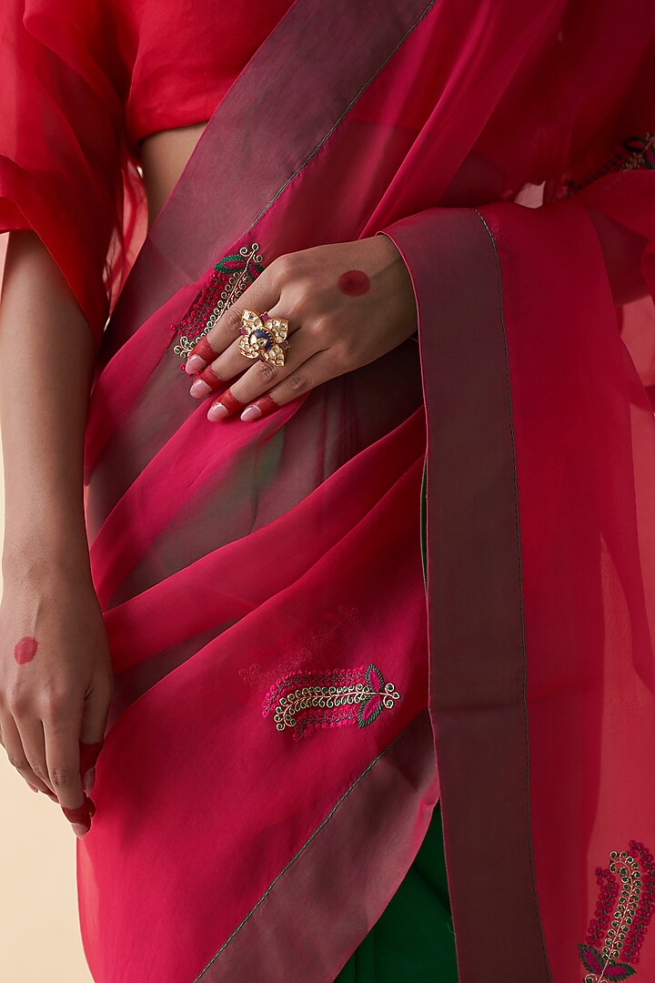 Fuschia & Green Silk Embroidered Wedding Saree by JANKI INDIA at Pernia's Pop Up Shop
