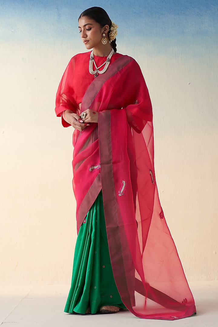 Fuschia & Green Silk Embroidered Wedding Saree by JANKI INDIA at Pernia's Pop Up Shop