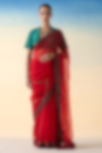 Red Organza Jaal Embroidered Saree by JANKI INDIA at Pernia's Pop Up Shop