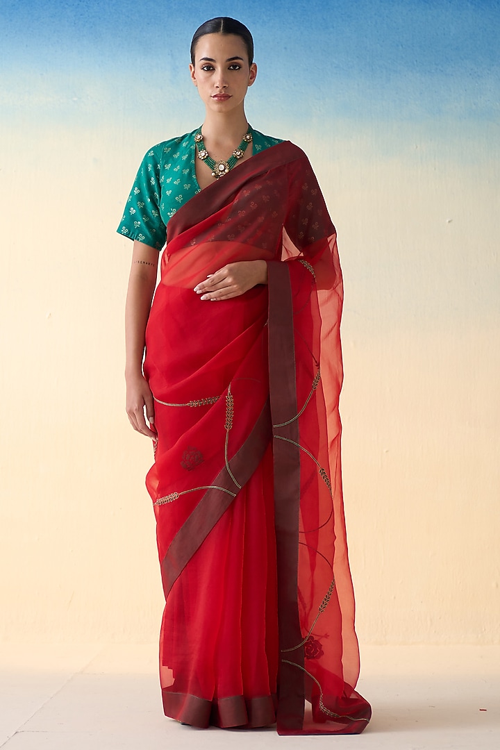 Red Organza Jaal Embroidered Saree by JANKI INDIA at Pernia's Pop Up Shop