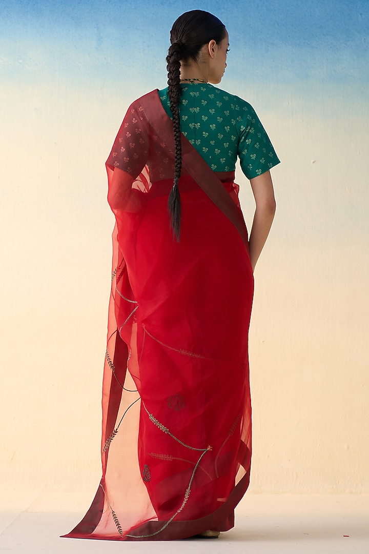 Red Organza Jaal Embroidered Wedding Saree by JANKI INDIA at Pernia's Pop Up Shop