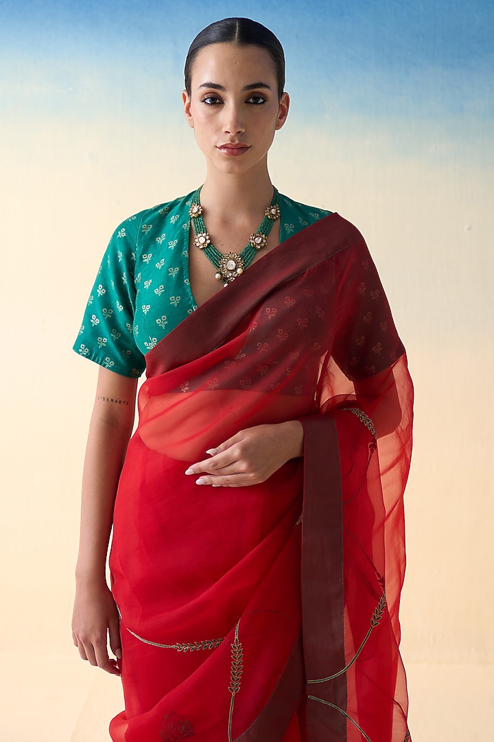 Red Organza Jaal Embroidered Wedding Saree by JANKI INDIA at Pernia's Pop Up Shop