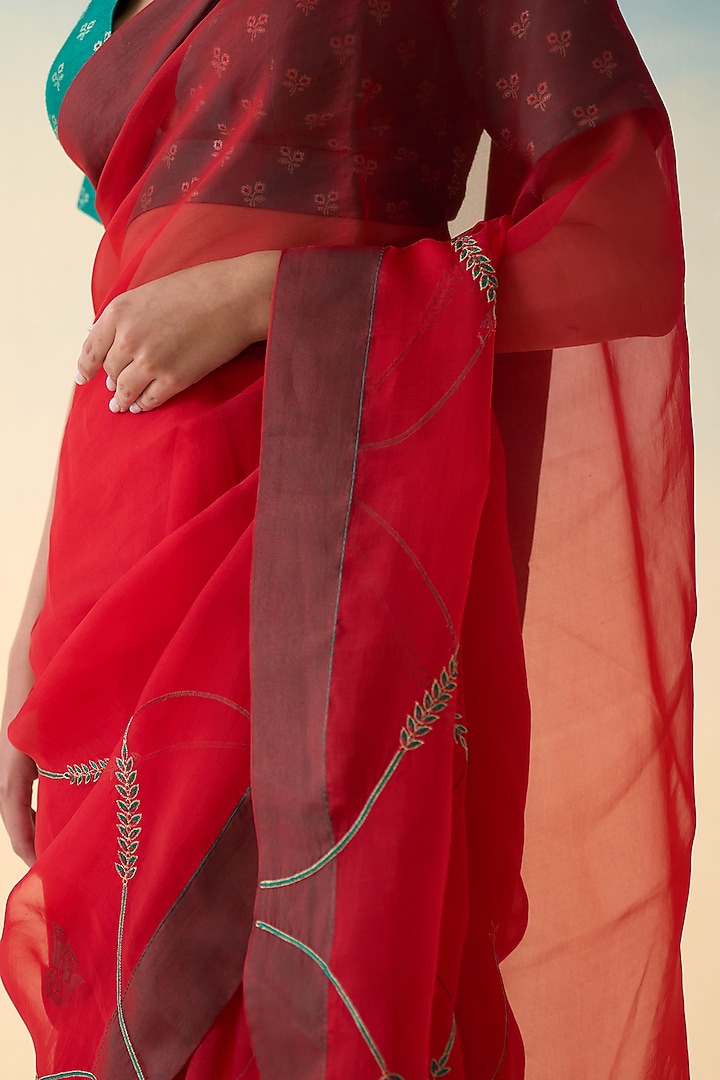 Red Organza Jaal Embroidered Wedding Saree by JANKI INDIA at Pernia's Pop Up Shop