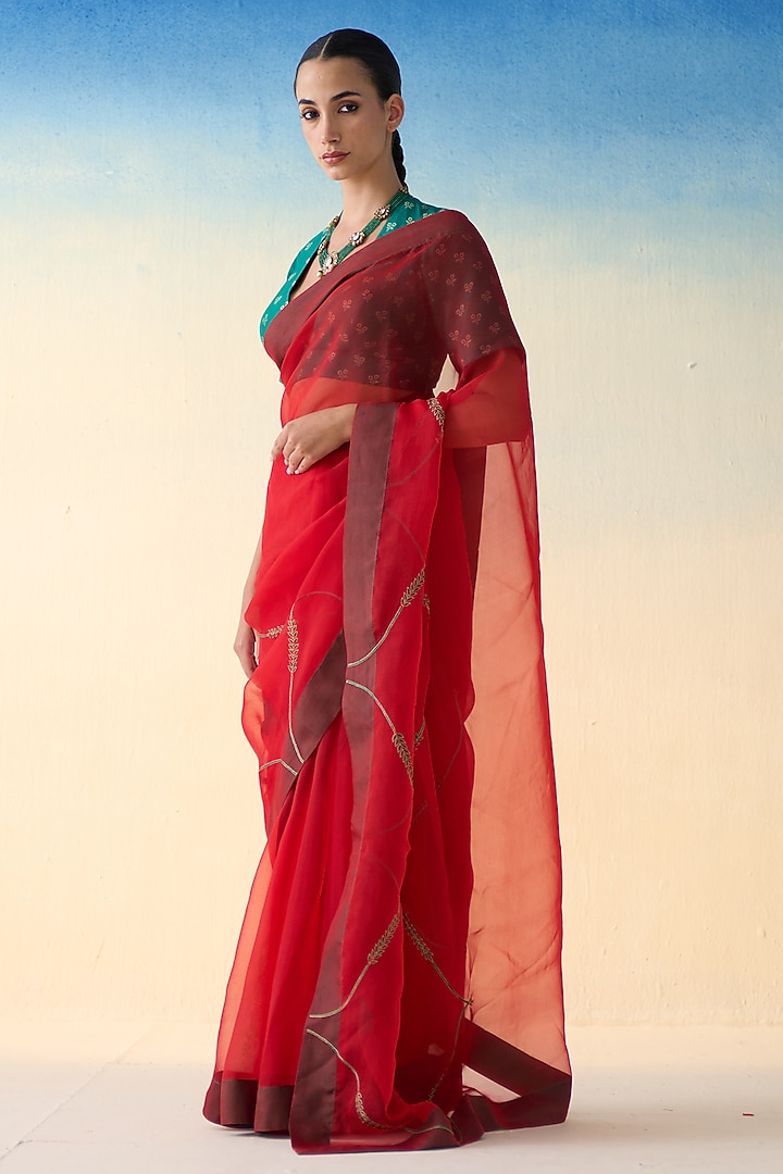 Red Organza Jaal Embroidered Wedding Saree by JANKI INDIA at Pernia's Pop Up Shop