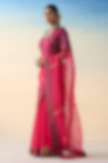 Fuchsia Pink Organza Embroidered Wedding Saree by JANKI INDIA at Pernia's Pop Up Shop