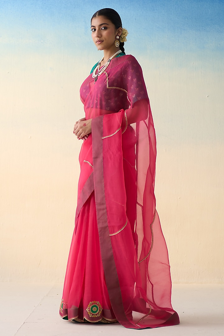 Fuchsia Pink Organza Embroidered Wedding Saree by JANKI INDIA at Pernia's Pop Up Shop