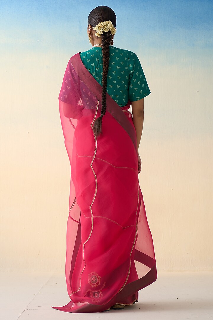 Fuchsia Pink Organza Embroidered Wedding Saree by JANKI INDIA at Pernia's Pop Up Shop
