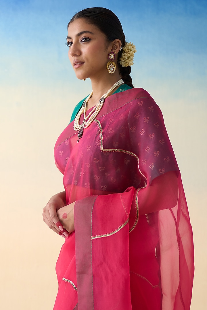 Fuchsia Pink Organza Embroidered Wedding Saree by JANKI INDIA at Pernia's Pop Up Shop