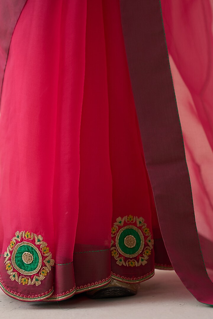 Fuchsia Pink Organza Embroidered Wedding Saree by JANKI INDIA at Pernia's Pop Up Shop