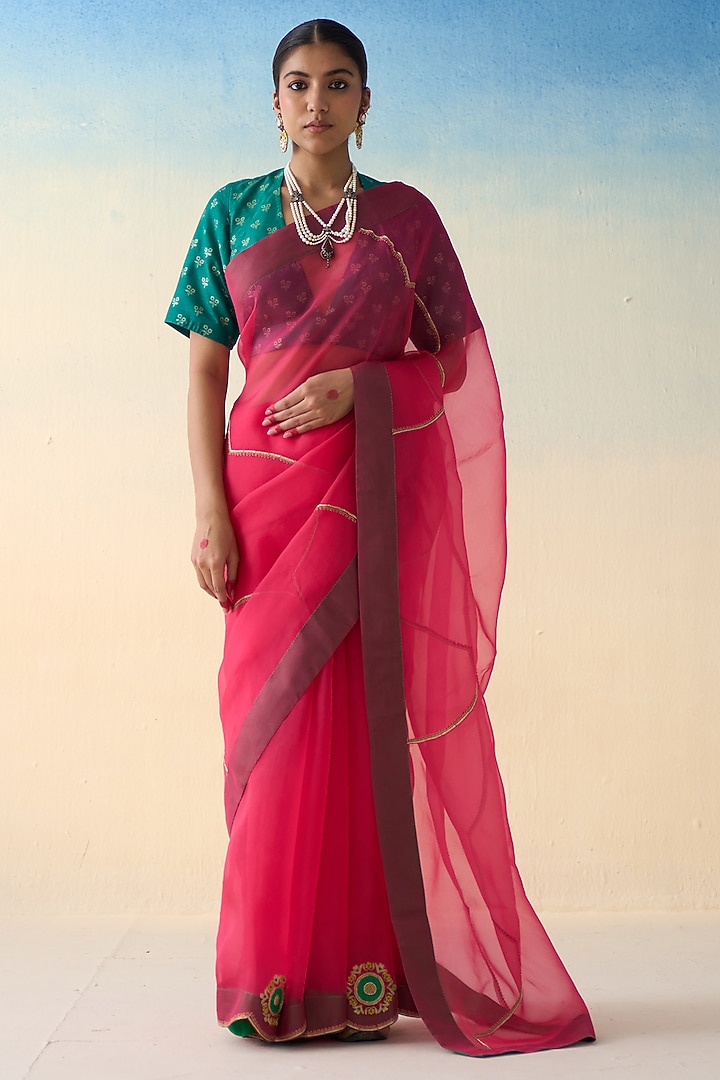 Fuchsia Pink Organza Embroidered Wedding Saree by JANKI INDIA at Pernia's Pop Up Shop