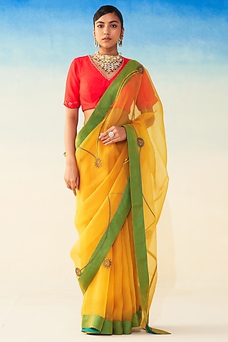 Yellow Organza Jaal Embroidered Saree by JANKI INDIA