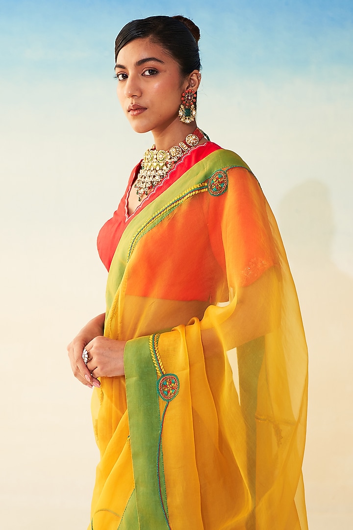 Yellow Organza Jaal Embroidered Wedding Saree by JANKI INDIA at Pernia's Pop Up Shop