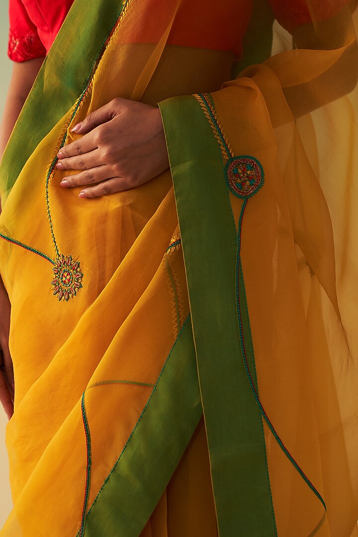 Yellow Organza Jaal Embroidered Wedding Saree by JANKI INDIA at Pernia's Pop Up Shop