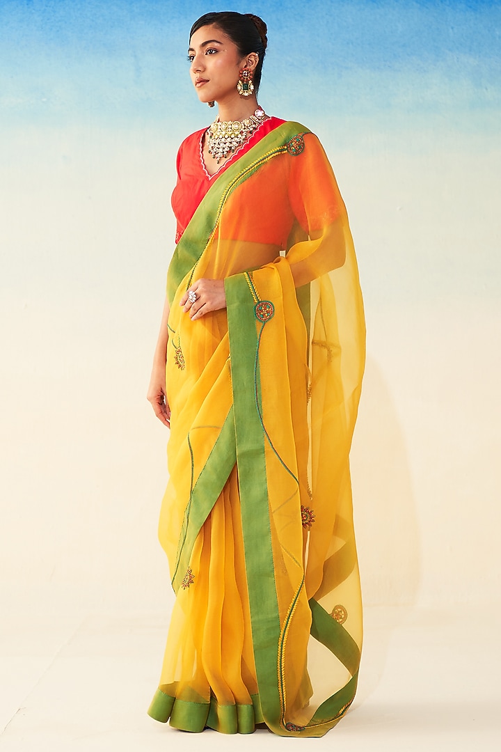 Yellow Organza Jaal Embroidered Wedding Saree by JANKI INDIA at Pernia's Pop Up Shop