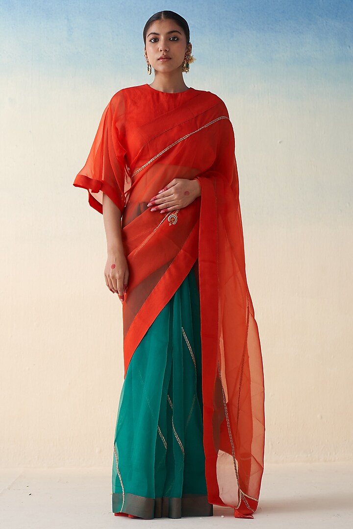 Orange & Green Organza Embroidered Saree by JANKI INDIA at Pernia's Pop Up Shop