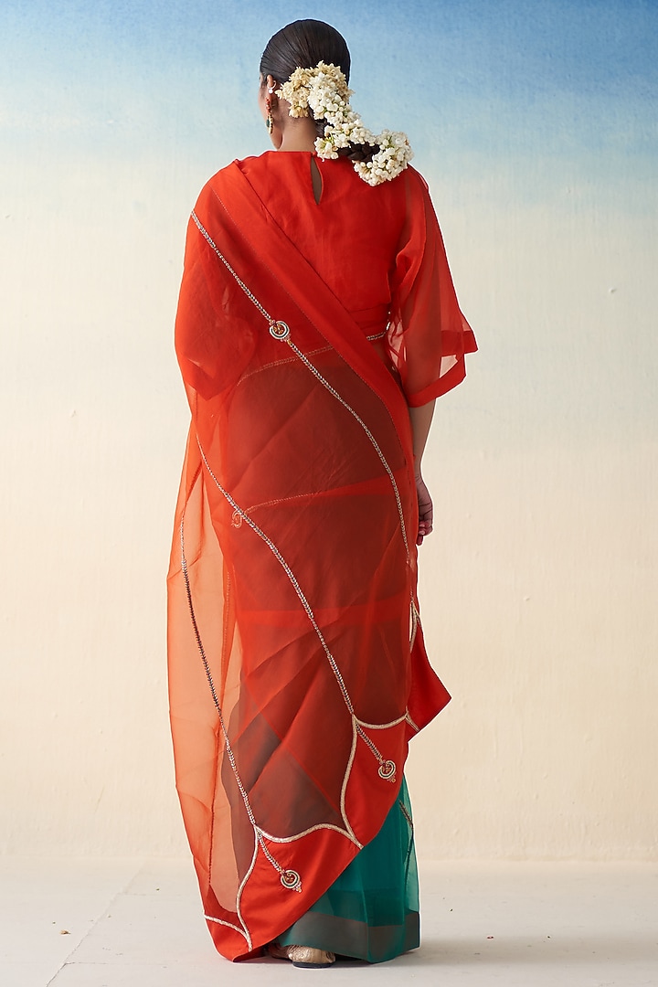 Orange & Green Organza Embroidered Wedding Saree by JANKI INDIA at Pernia's Pop Up Shop