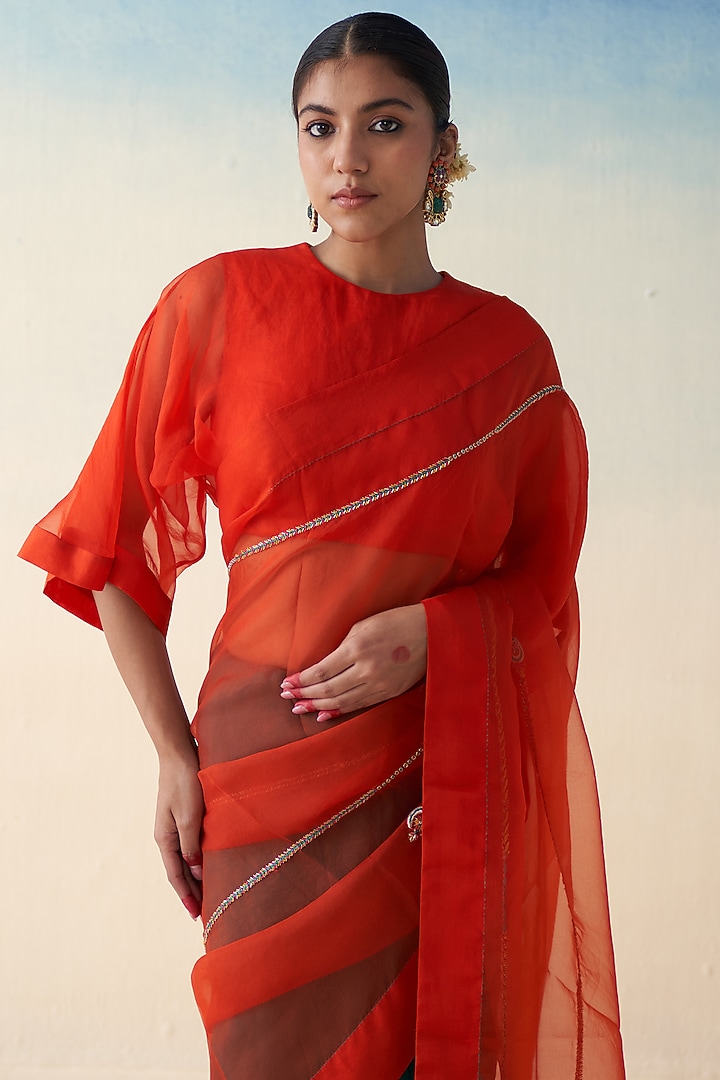 Orange & Green Organza Embroidered Wedding Saree by JANKI INDIA at Pernia's Pop Up Shop