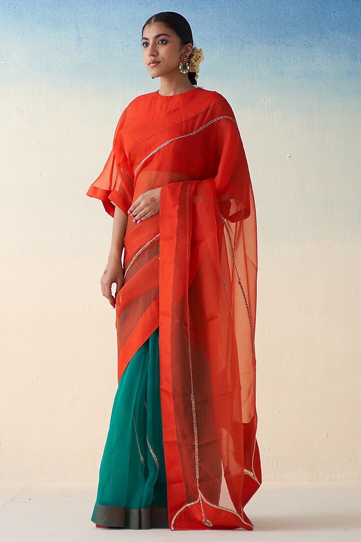 Orange & Green Organza Embroidered Wedding Saree by JANKI INDIA at Pernia's Pop Up Shop