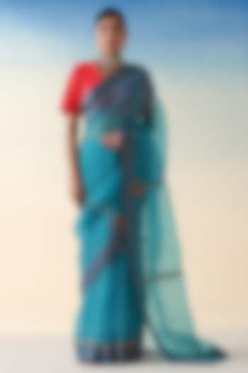 Turquoise Organza Embroidered Saree by JANKI INDIA at Pernia's Pop Up Shop