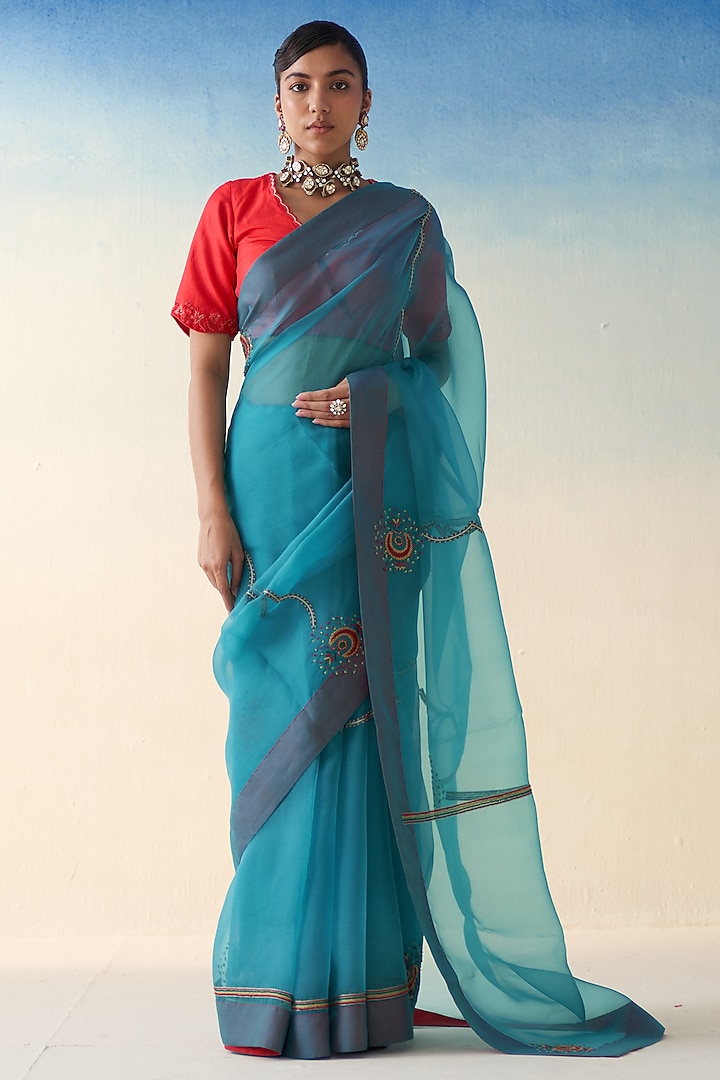 Turquoise Organza Embroidered Saree by JANKI INDIA at Pernia's Pop Up Shop