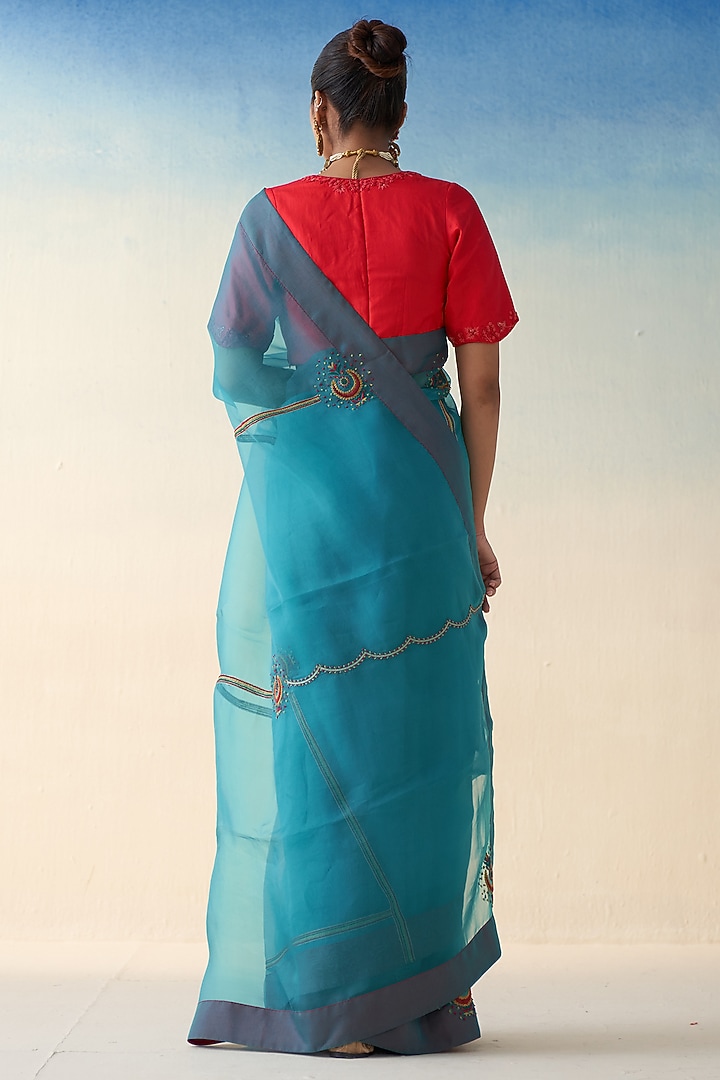 Turquoise Organza Embroidered Wedding Saree by JANKI INDIA at Pernia's Pop Up Shop