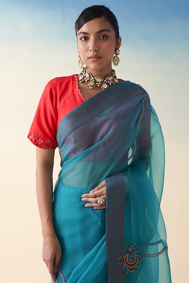Turquoise Organza Embroidered Wedding Saree by JANKI INDIA at Pernia's Pop Up Shop