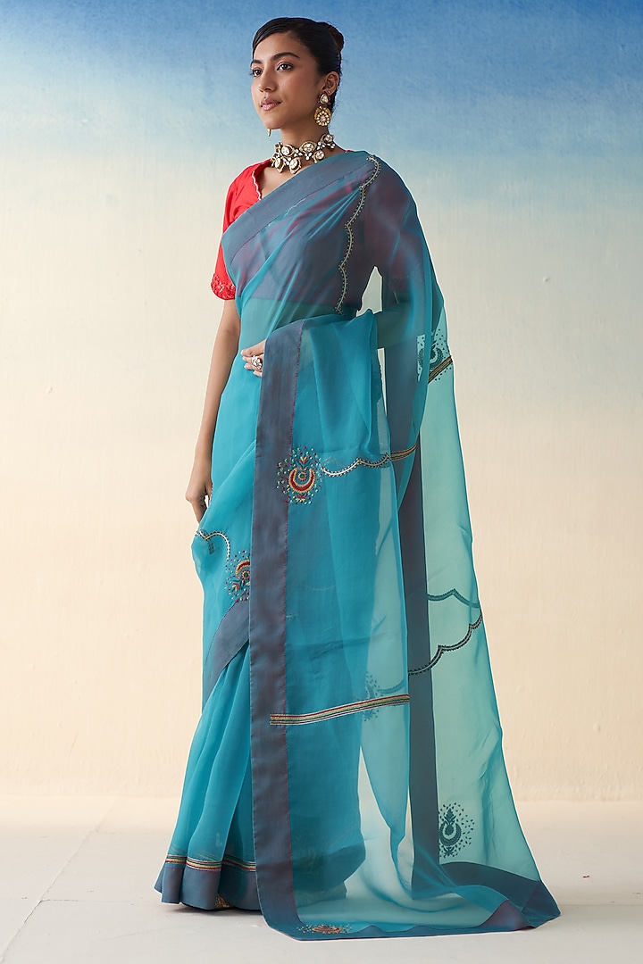 Turquoise Organza Embroidered Wedding Saree by JANKI INDIA at Pernia's Pop Up Shop