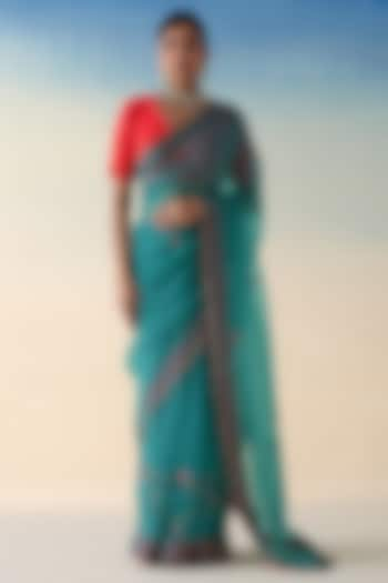 Turquoise Organza Jaal Embroidered Saree by JANKI INDIA at Pernia's Pop Up Shop