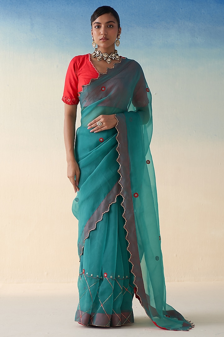 Turquoise Organza Jaal Embroidered Saree by JANKI INDIA at Pernia's Pop Up Shop