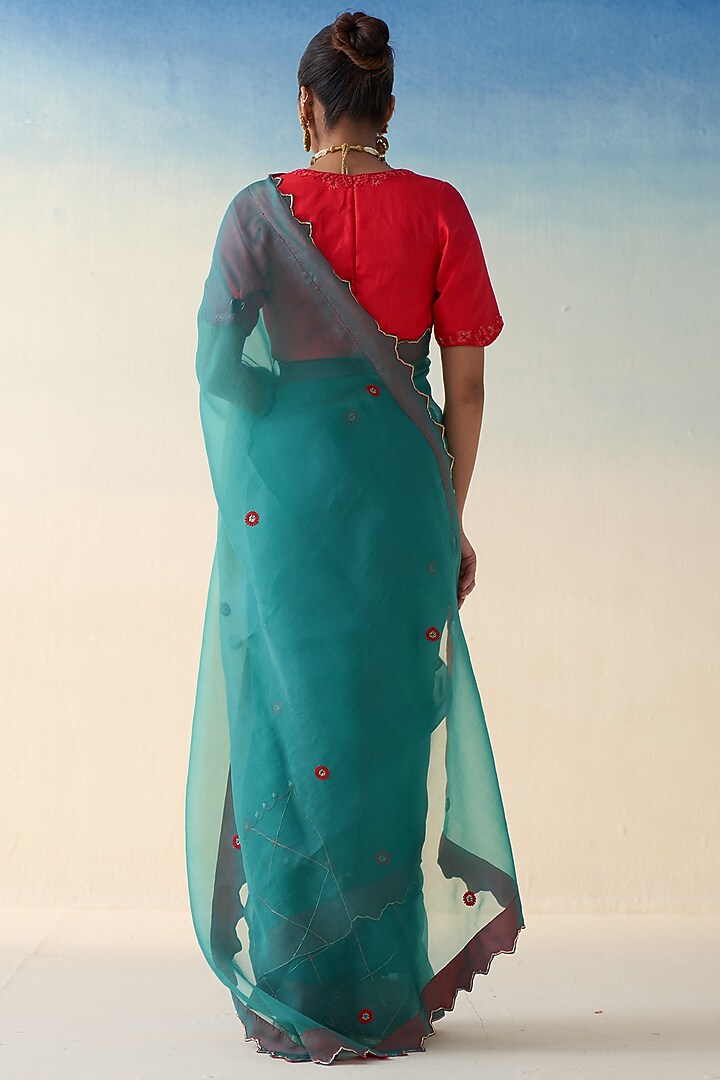 Turquoise Organza Jaal Embroidered Wedding Saree by JANKI INDIA at Pernia's Pop Up Shop