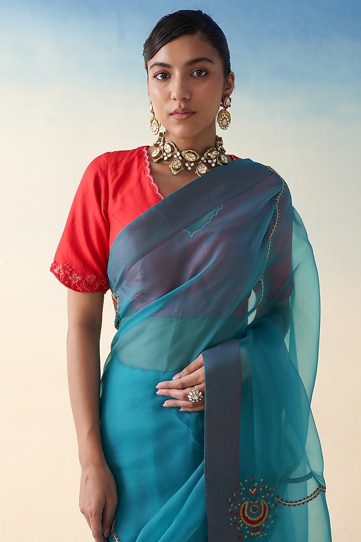 Turquoise Organza Jaal Embroidered Wedding Saree by JANKI INDIA at Pernia's Pop Up Shop
