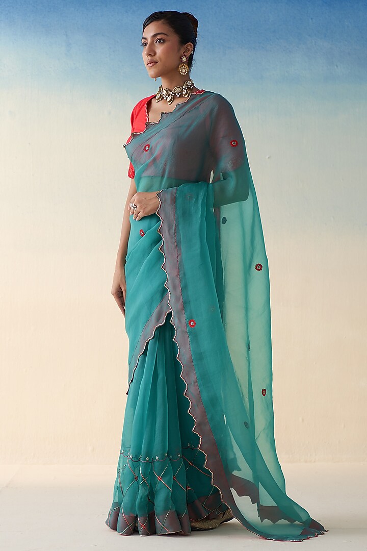 Turquoise Organza Jaal Embroidered Wedding Saree by JANKI INDIA at Pernia's Pop Up Shop