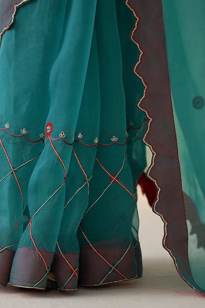 Turquoise Organza Jaal Embroidered Wedding Saree by JANKI INDIA at Pernia's Pop Up Shop