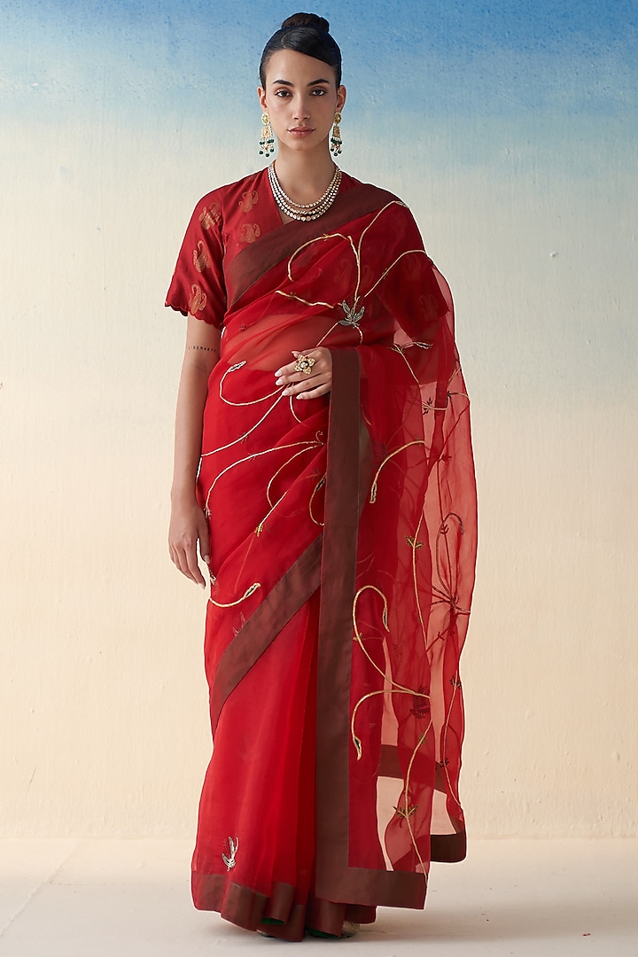 Red Organza Jaal Embroidered Saree by JANKI INDIA at Pernia's Pop Up Shop