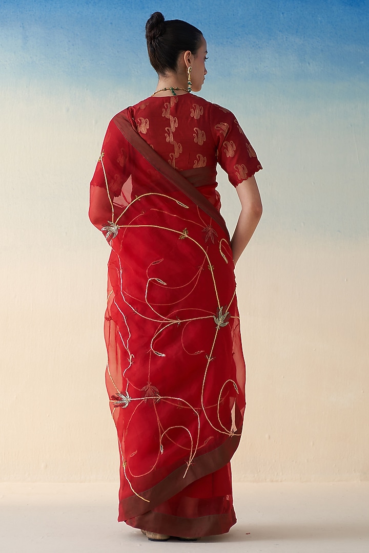 Red Organza Jaal Embroidered Wedding Saree by JANKI INDIA at Pernia's Pop Up Shop