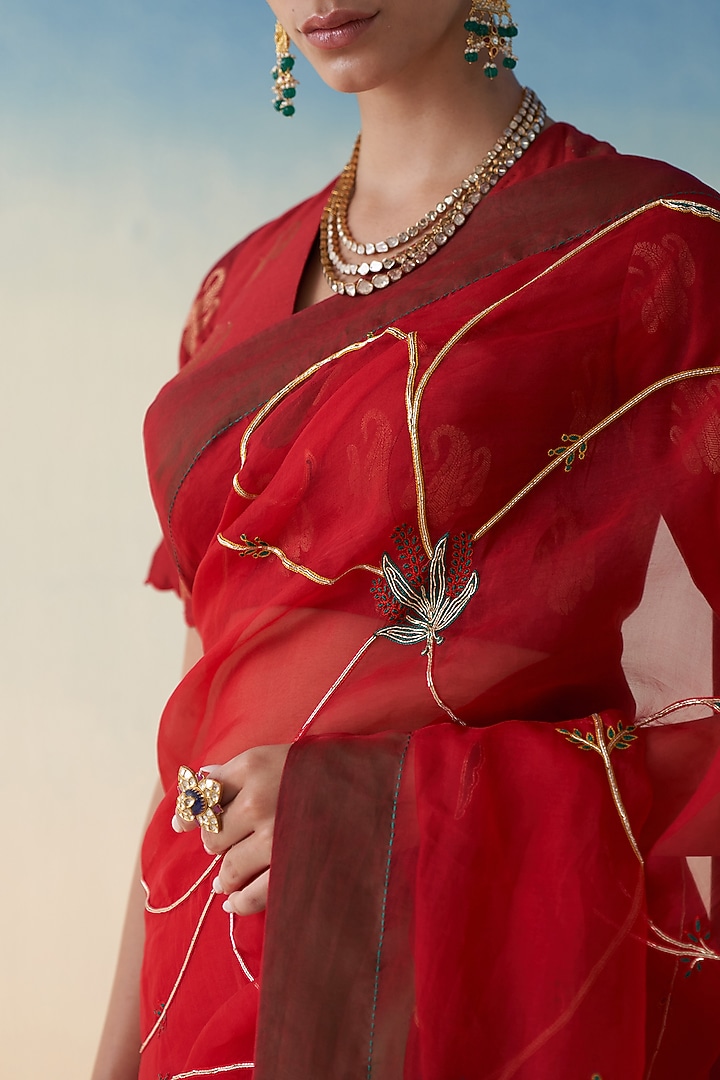 Red Organza Jaal Embroidered Wedding Saree by JANKI INDIA at Pernia's Pop Up Shop