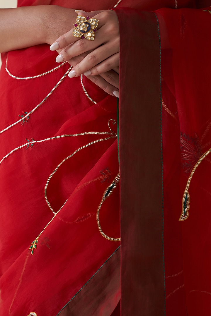 Red Organza Jaal Embroidered Wedding Saree by JANKI INDIA at Pernia's Pop Up Shop