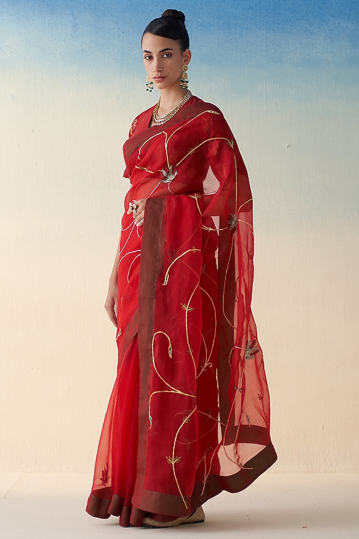 Red Organza Jaal Embroidered Wedding Saree by JANKI INDIA at Pernia's Pop Up Shop