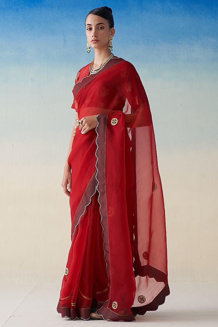 Red Organza Embroidered Saree by JANKI INDIA at Pernia's Pop Up Shop