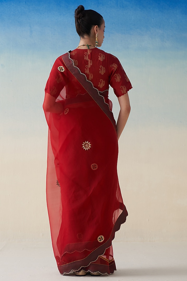 Red Organza Embroidered Wedding Saree by JANKI INDIA at Pernia's Pop Up Shop