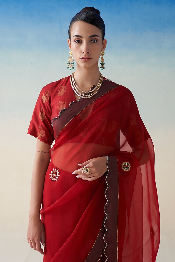Red Organza Embroidered Wedding Saree by JANKI INDIA at Pernia's Pop Up Shop