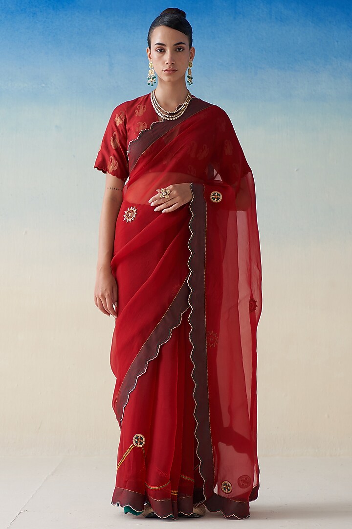 Red Organza Embroidered Wedding Saree by JANKI INDIA at Pernia's Pop Up Shop