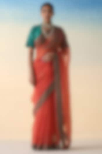 Rust Organza Embroidered Saree by JANKI INDIA at Pernia's Pop Up Shop