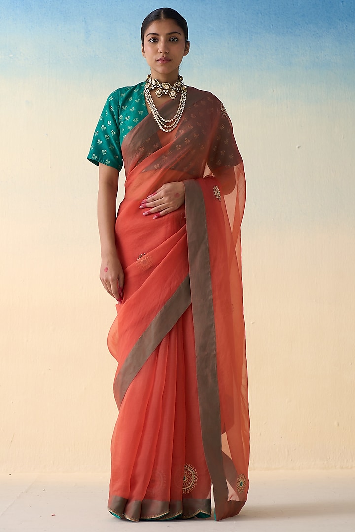 Rust Organza Embroidered Saree by JANKI INDIA at Pernia's Pop Up Shop