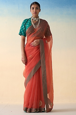 Rust Organza Embroidered Saree by JANKI INDIA