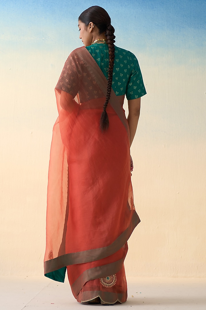 Rust Organza Embroidered Wedding Saree by JANKI INDIA at Pernia's Pop Up Shop